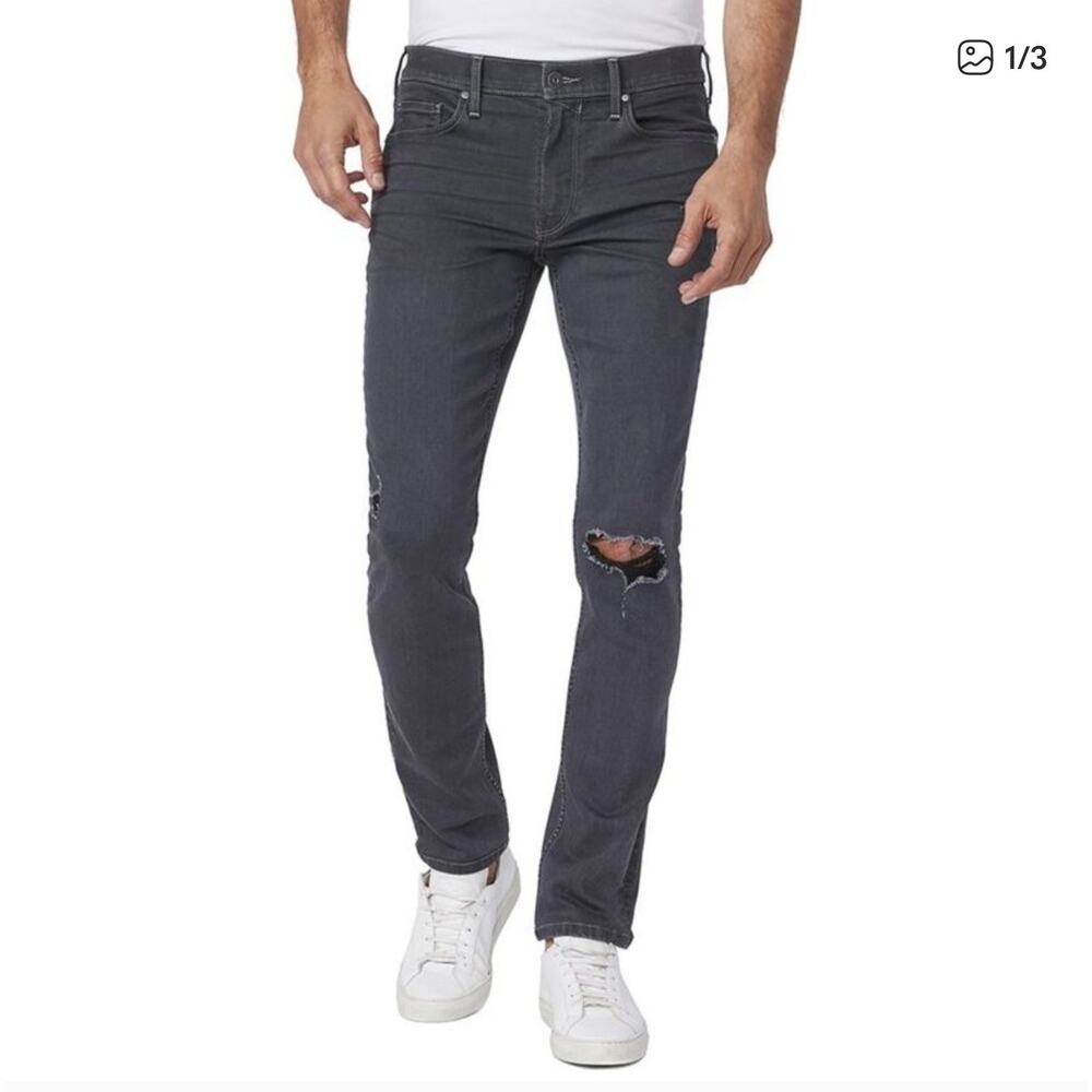 Paige Lennox Grey Dark Wash Jeans Wolfe Destructed Slim Fit Straight Leg Mens 34